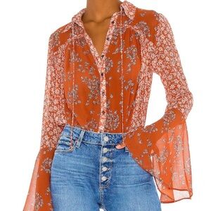 Free People Women’s Rust Serena Floral Bell Sleeve Button Front Blouse Sz XS